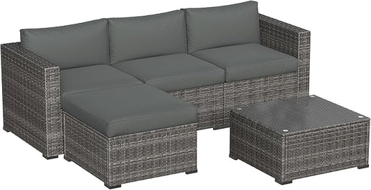 5 Piece Outdoor Patio Sectional Furniture Set, Weather Resistant Rattan Outside Couch, Waterproof Conversation Sofa for Balcony, Porch, Backyard, Deck, Garden, Grey