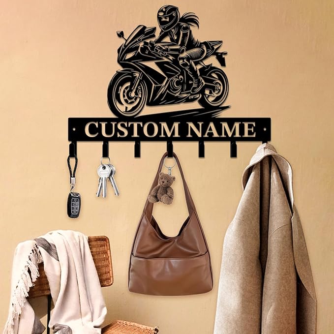 Personalized Custom Name Motorcycle Keys Hooks,Metal Motorcycle Art Clothes Keys Hooks,Metal Motorcycle Lover Wall Home Storage Decorative Keys Hooks,Key Holder Hooks for Wall (Style L)