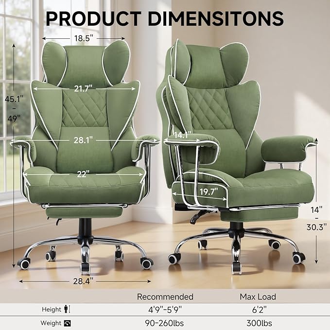 COMHOMA Big and Tall Gaming Chair with Pocket Spring Lumbar Support, Ergonomic Office Chair with Footrest, Executive Desk Chair with Outward Fixed Soft Armrests, Computer Chair with High Back, Green