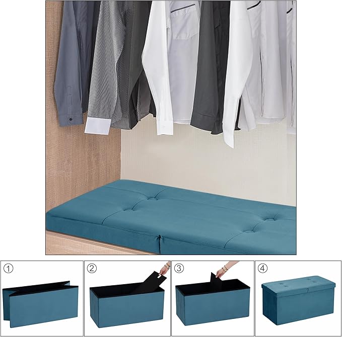 CAROLMADE 30 Inches Storage Ottoman Bench with Flipping Lid, Velvet Foldable Storage Footrest, Ottoman with Storage for Living Room Holds up to 330lbs, Teal