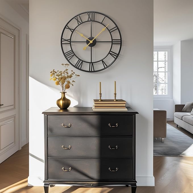 Cuspin 24 Inch Wall Clock Black, Large Decorative Wall Clocks for Living Room, Modern Metal Round Clocks Battery-Operated Completely Silent Non Ticking Roman Number