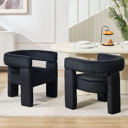 Black Dining Chairs Set of 2, Upholstered Velvet Barrel Chairs with Arms Comfy Side Chairs for Living Room/Dining Room/Reception