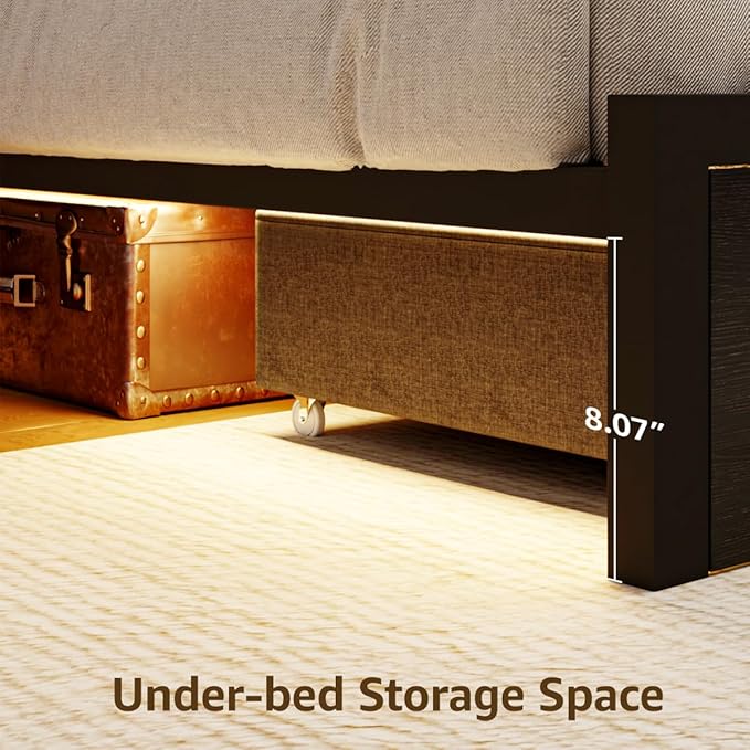 Full Size Black Bed Frame with 4 Storage, Upholstered Velvet Platform Bed Frames with Button Tufted Headboard Led Lights, Wooden Slats Support, No Box Spring Needed, Black