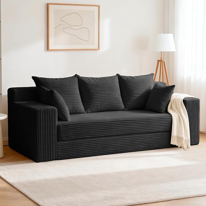 3 Seater Boneless Couch for Living Room, Convertible Futon Sofa Bed Comfy Pull Out Couch with 5 Pillows & Detachable Washable Cover, Upholstered Floor Sofa in A Box, No Assembly Required, Black