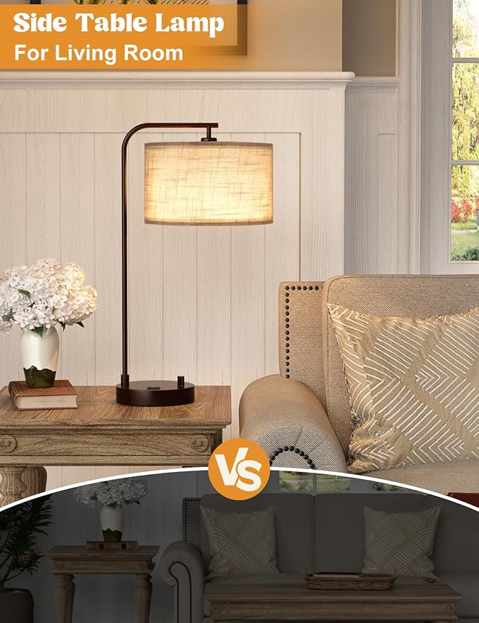 Innqoo Gray Tall Table Lamp with USB Port and Outlet, Dimmable Nightstand Bedside Lamps with Linen Lampshade, Desk Lamp for Bedroom, Living Room, Guest Room, Home Office, LED Bulb Included