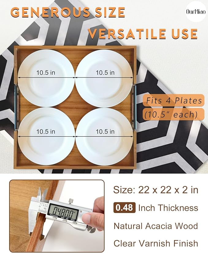 22 Inch Square Acacia Wood Ottoman Tray, Extra Large Wooden Serving Tray with Metal Handles – Spacious & Durable for Living Room, Coffee Table, Kitchen, Food Serving & Hosting