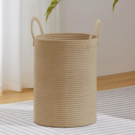 VIPOSCO Large Laundry Hamper, Tall Woven Rope Storage Basket for Blanket, Toys, Dirty Clothes in Living Room, Bathroom, Bedroom - 58L Jute