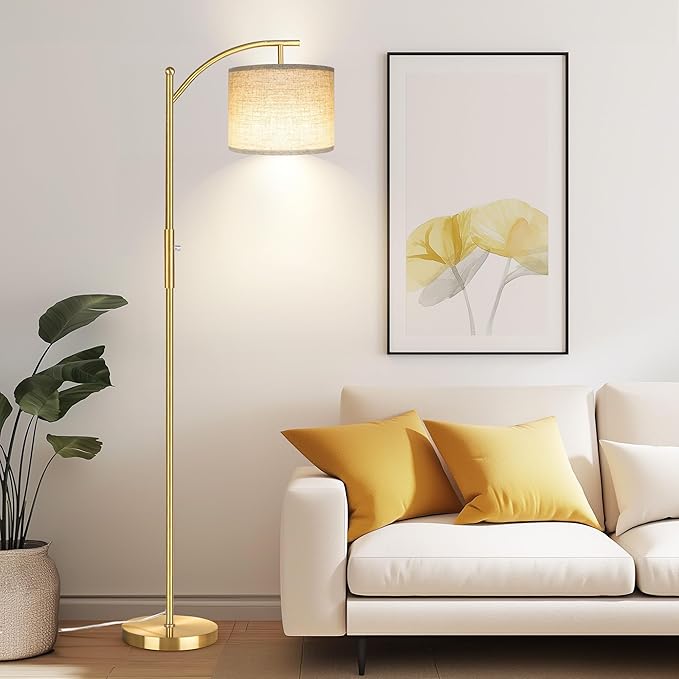 Dimmable Floor Lamp, Arc Floor Lamps for Living Room, Stepless Dimming Modern Standing Lamp with Linen Shade, Tall Lamp for Bedroom Office Dining Room- Brushed Gold