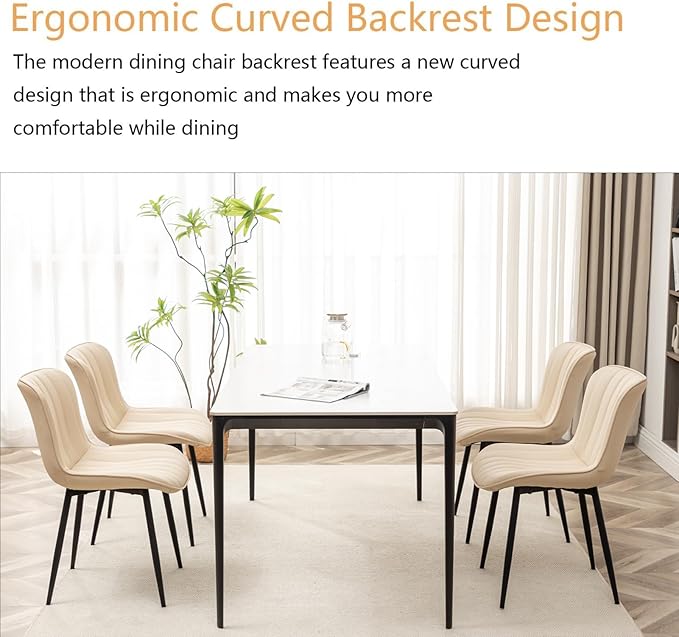 Leather Dining Chairs Set of 4, Upholstered Dining Room Chairs with Metal Legs, Modern Dining Chair for Dining Room, Kitchen (Beige)