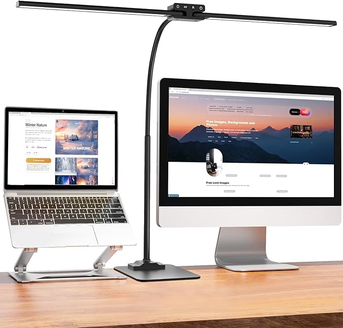 EppieBasic Led Desk Lamp,24W 31.5IN Architect Double Head Desk Lamps for Home Office,Dimmable & 6 Color Modes Extra Bright Modern Table lamp with Base,Overhead Computer Lighting for Workbench Monitor