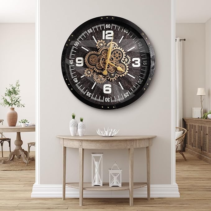 Wall Clocks for Living Room Decor, Large Real Moving Gears Clock, Vintage Industrial Oversized Rustic Farmhouse Kitchen Office Fireplace Wall Decor (Grey Black, 27 inch)