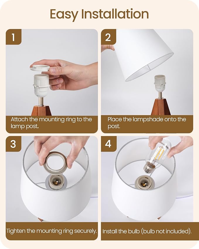 Tripod Table Lamp, Small Bedside Lamp with White Fabric Shade & Dark Wood Base, Modern Nightstand Lamp, Little Cute Desk Lamp for Bedroom, Kids Room, Living Room, Office, Study, LW51TL05