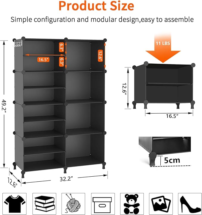 AWTATOS Closet Organizer, 8 Cube Closet Organizers and Storage, Closet Storage Shelves, Clothes Storage Organizers for Closet Bedroom Living Room Office Black