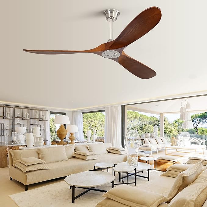 Sofucor Ceiling Fan Without Lights, 60 Inch Low Profile Flush Mount Mordern Wood Ceiling Fan with Remote for Indoor Farmhouse Bedroom Living Room Outdoor Patio Porch, Reversible DC Motor, Noiseless