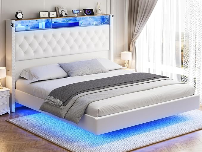 Floating King Size Bed Frame with Headboard and Storage, 60“ Upholstered Bed Frame with LED Light and Charging Station