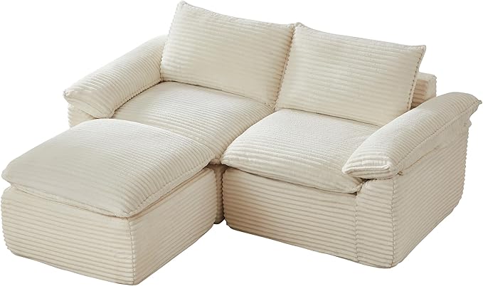 80" Cloud Sectional Couch with L-Shaped Chaise, Corduroy Sectional Sofa with Ottoman, Boneless Couch with Deep Seat in a Box for Living Room, No Assembly Required (White)