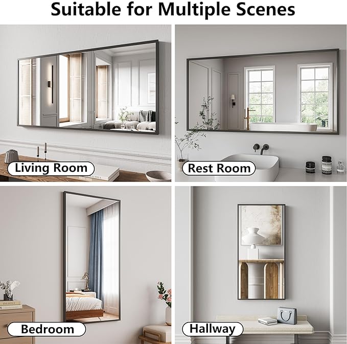 Koonmi Bathroom Mirror for Wall, 24"x48" Black Bathroom Mirror for Over Sink, Shatterproof Tempered Glass Vanity Mirror with Anti-Rust Aluminum Alloy Frame, Hang Horizontally or Vertically