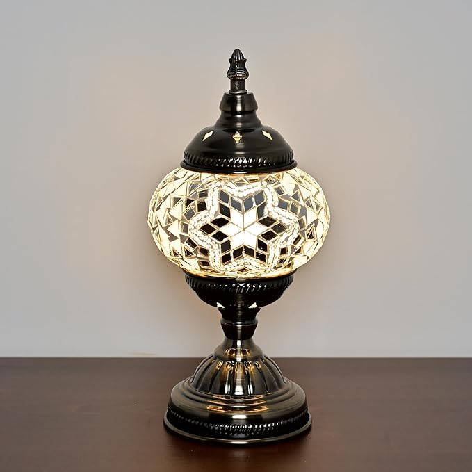 Turkish Moroccan Table Lamp Lantern with Handmade Mosaic Glass Lampshade Tiffany Style Bohemian Stained Glass Decorative Desk Lamps Bedside Night Lights for Bedroom (White 2)