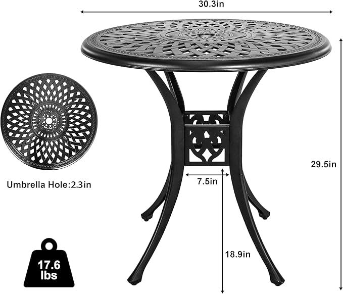 30.3" Patio Bistro Table Cast Aluminum Patio Table,Metal Patio Dining Table with Umbrella Hole,All Weather Outdoor Bistro Dining Table for Backyard, Garden, Balcony, Bronze