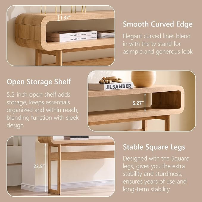 63-Inch Long Console Table, 31.5" Tall Modern Entryway Table with Open Storage Shelf, Curved Profile Design, Narrow Wood Sofa Table Behind Couch Table for Living Room, Hallway,Foyer, Natural Oak