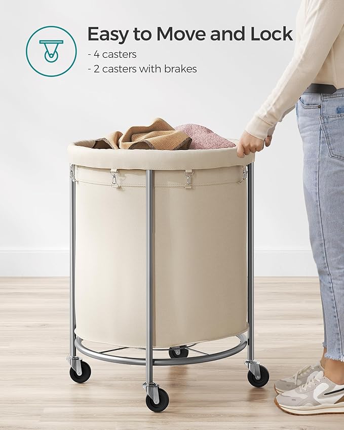 SONGMICS 50.2-Gallon (190 L) Laundry Basket with Wheels, Rolling Round Heavy-Duty Laundry Hamper Cart with Steel Frame and Removable Bag, 2 Locking Wheels, Cream White and Metallic Silver URLS01MZ