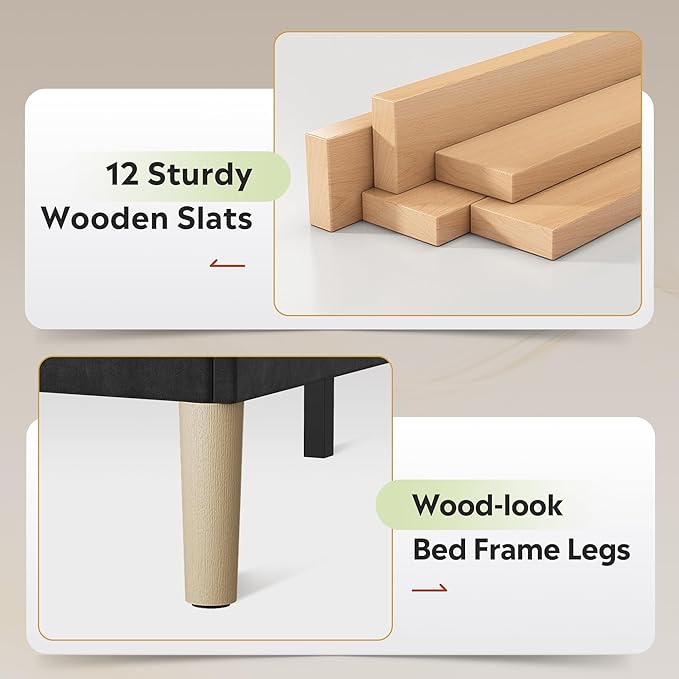 WLIVE Queen Size Upholstered Bed Frame with Storage Headboard, Velvet Square Tufted Platform Bed with Charging Station, Sturdy Metal & Wooden Slats Support, No Box Spring Needed, Black