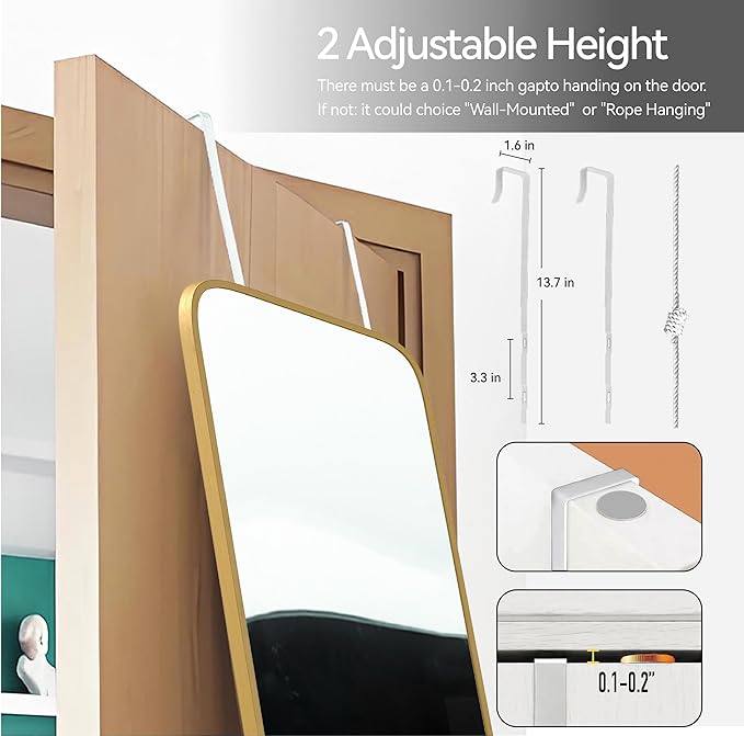 57x20 Door Hanging Full Length Mirror, Floor (Height 5.7ft just Body in 1.3ft) or Wall Mounted Metal Frame Rectangle Dressing Mirrors for Bedroom Bathroom Living Room 57 inch Gold