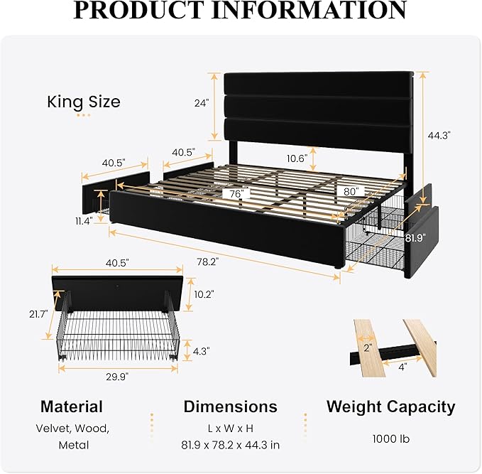 SHA CERLIN King Size Platform Bed Frame with 4 Storage Drawers, Velvet Upholstered Headboard, Mattress Foundation with Wooden Slats Support, No Box Spring Needed, Easy Assembly, Black