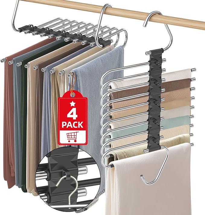 Upgrade 9 Layers Pant Hangers Space Saving, Non Slip Stainless Steel Multifunctional Pants Rack S-Type Clothes Pant Closet Hanger Organizer with Hooks for Pants Jeans Trousers Scarf (4 Pack, Black)