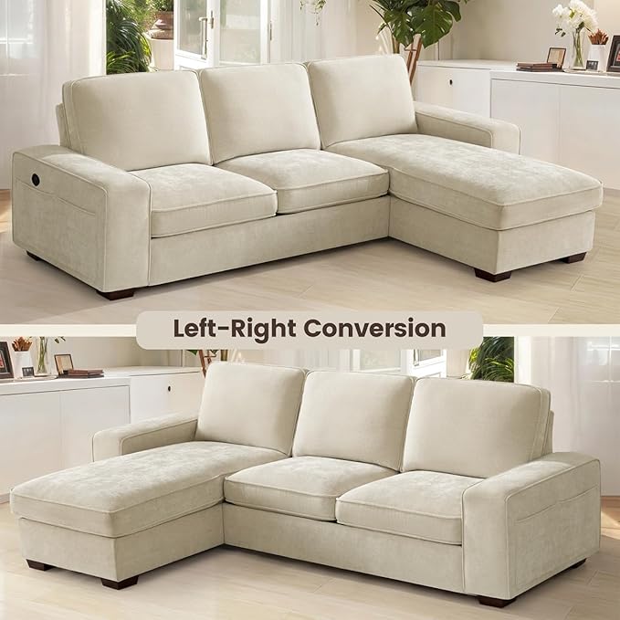 PARKOL 99" L-Shaped Sectional Couch with Storage, Sofa with Reversible Chaise, USB Type-C Charging, Chenille Fabric, Removable Cushion Covers, for Small Space, Apartment, Living Room, Beige