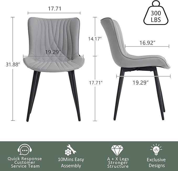 YOUTASTE Dining Chairs Set of 2, Mid Century Modern Upholstered Faux Leather Kitchen Room Chairs, with Black Metal Legs, Armless Accent Chair for Living Room, Bedroom, Vanity, Grey