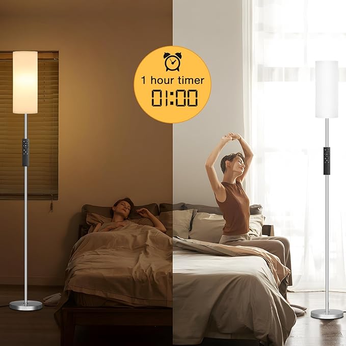 Ambimall 64'' Floor Lamps for Living Room with Remote Control and Stepless Dimmable Colors Temperature & Brightness, 9W Bulb Included(White Lampshade & Silver Pole)