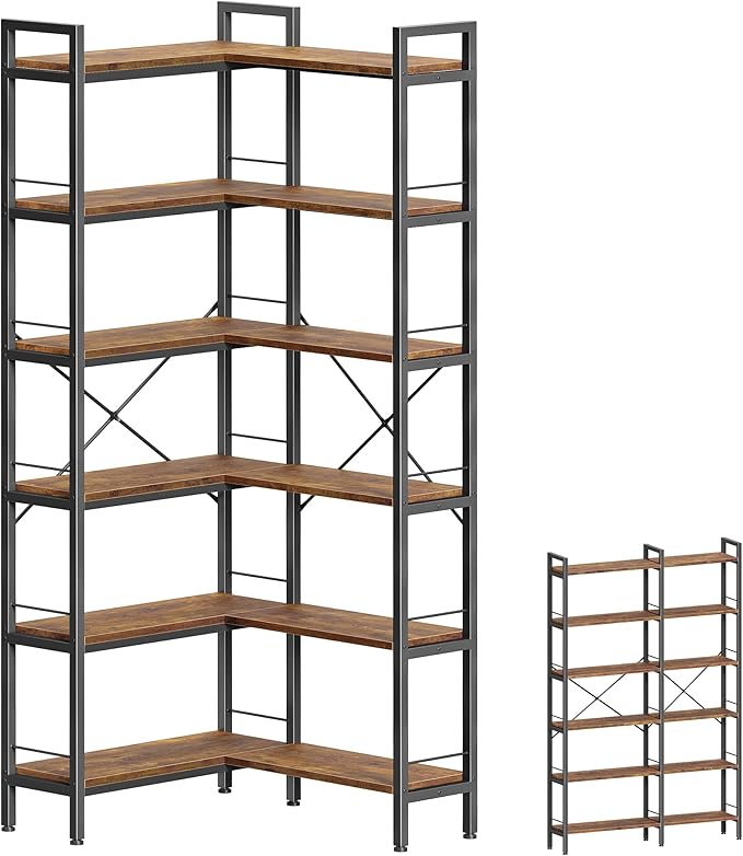 Huuger 6 Tier Bookshelf, L Shaped Corner Bookshelf with Open Shelves, 49.4 Inch Straight Wide Bookcase with Metal Frame and Wooden Board, Adjustable Feet, Rustic Brown