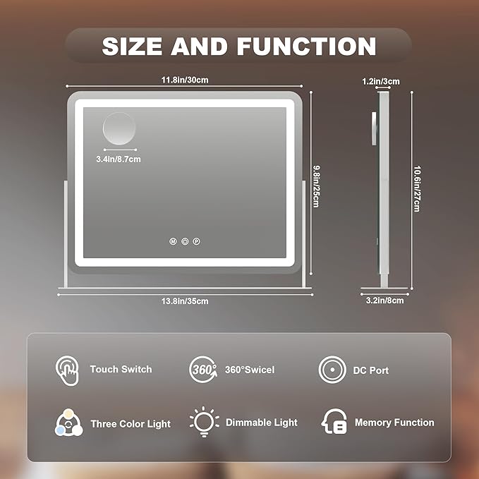 Hasipu Vanity Mirror with Lights, 14" x 11" LED Makeup Mirror, Light up Mirror with 10X Magnification, Smart Touch 3 Colors Dimmable (White)