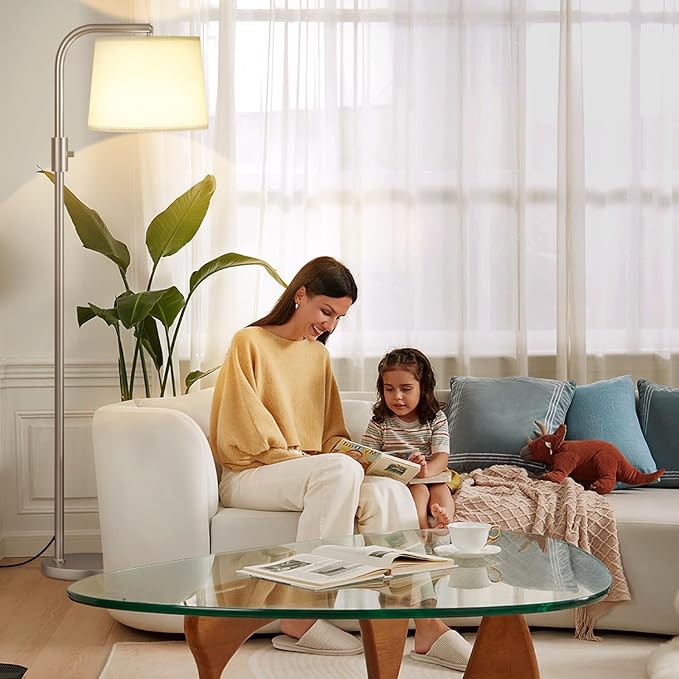 Ambimall Fully Dimmable Floor Lamp - Floor Lamps 9W LED Light Bulb, Standing Lamp for Living Room with Adjust Head, Modern Standing Light Rotary Switch, Tall Lamp for Bedroom(Sand Gold and Light Beige