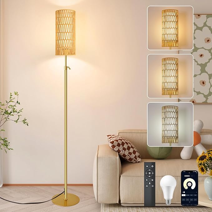 Gold Floor Lamps for Living Room Boho Rattan Floor Lamp with Remote Control & 3 Color Temperature Vintage Wicker Standing Lamp Dimmable Tall Floor Lamp for Bedroom Living Room Corner