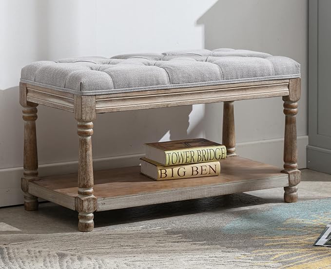 Kmax Storage Entryway Bench Tufted Shoe Rack Bench Wood Window Bench for Hallway Entrance Bedroom Corner-1 Seat, Gray