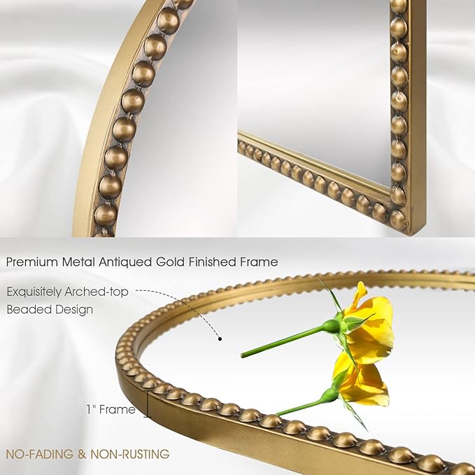 Arched Wall Mirror for Bathroom, 30"x40" Metal Beaded Frame Decorative Accent Mirror, Large Modern Distressed Hanging Wall Decor for Washroom, Bedroom, Living Room, Entryway, Antique Gold
