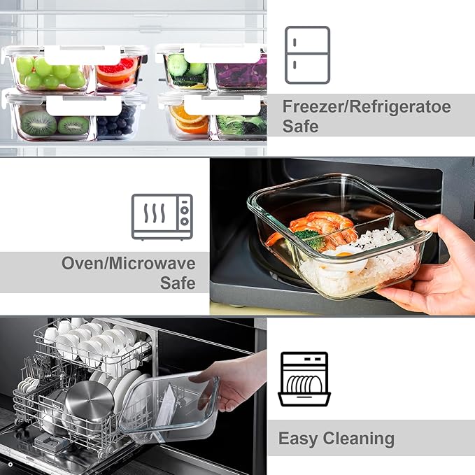 VERONES 5 Pack Glass Meal Prep Containers 2 Compartment Set, 36OZ Airtight Lunch Containers, Glass Food Storage Containers with Lids, for Microwave, Oven, Freezer & Dishwasher Friendly,White