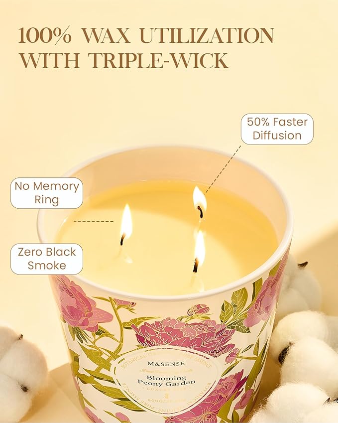 M&SENSE Blooming Peony Scented Candle, 28.2oz 3 Wick Natural Soy Wax Large Candles, Long Lasting Clean Slow Burning No Toxic Décor for Home Relaxation, Romantic Dates & Gift-Giving