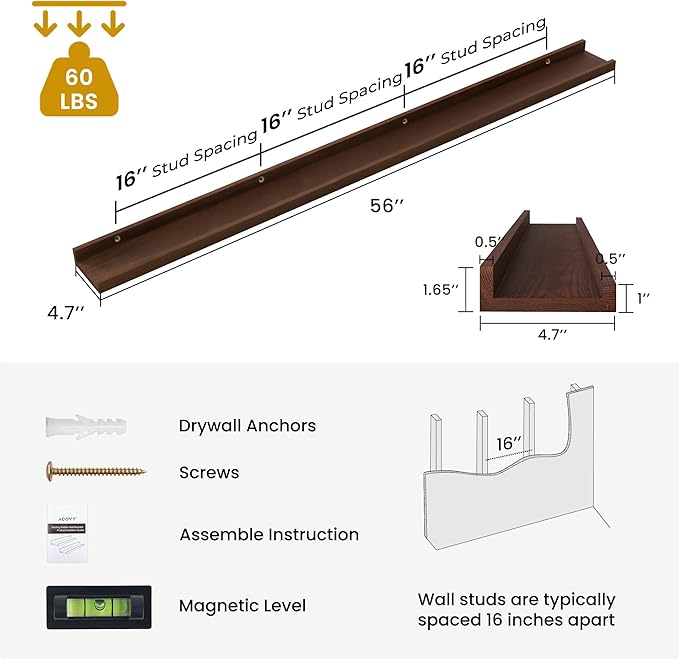 Solid Ash Wood Picture Ledge Shelf, Floating Shelves Set of 2, 56 Inch Long Large Ledge Shelves, Nursery Book Shelves Wall Mounted for Living Room Bedroom Kitchen Decor Kids Bookshelf, Walnut