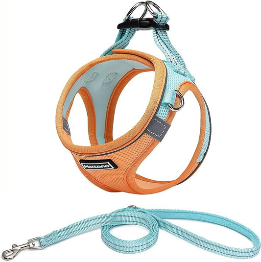 Mercano Soft Mesh Dog Harness and Leash Set, No-Chock Step-in Reflective Breathable Lightweight Easy Walk Vest Harnesses with Safety Buckle for Small Dogs, Cats (M, Orange Blue)