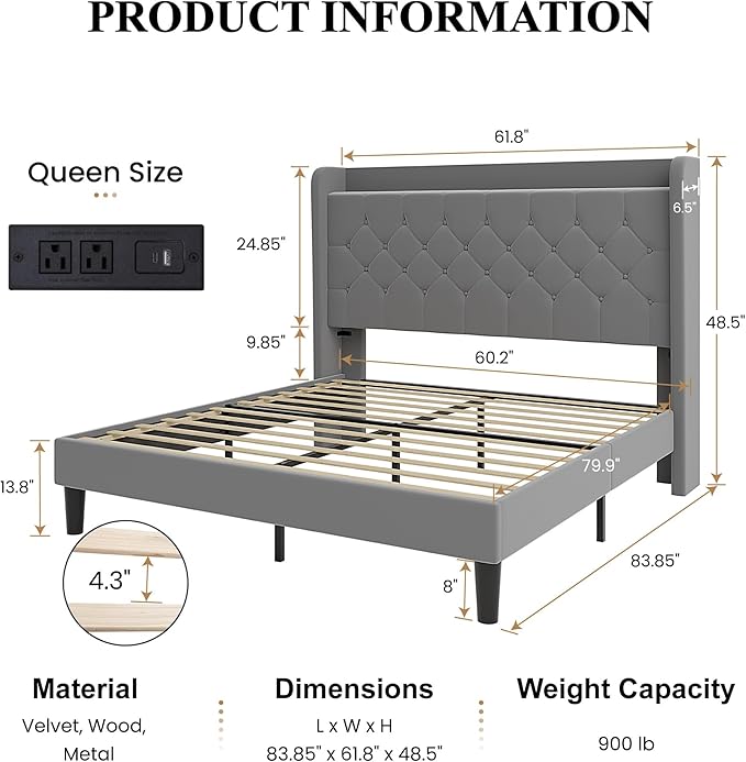 SHA CERLIN Queen Size Platform Bed Frame with Charging Station, Velvet Wingback Headboard with Storage Shelf, Wooden Slats Support, Ample Under-Bed Space, No Box Spring Needed, Easy Assembly, Grey