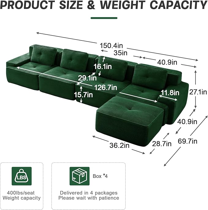 150" Modern Compressed Boneless Couch with Ottoman, 4 Seater Large L Shaped Sectional Couches for Living Room, Green Corduroy Cloud Modular Sectional Sofa, Memory Foam, Extra Deep, No Assembly