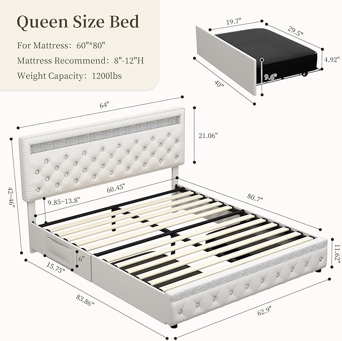 Queen Led Bed Frame with 2 Drawers, Modern Metal Platform Bed Frames Queen Size with Storage, Adjustable Height Crystal Button Tufted Headboard, No Box Spring Needed, Easy Assembly, PU White