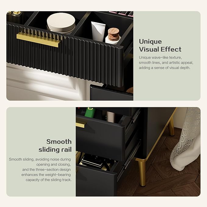 47.24" Big Modern Vanity Desk with Mirror and Lights,Makeup Vanity Desk with 5 Drawers and Storage Shelves & Power Outlet,Dressing Table with Glass Top, Black