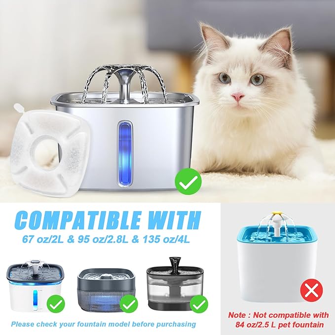 16 Pack Cat Water Fountain Replacement Filters, 8 Pcs Cats Fountain Filters & 8 Pcs Pre-Filter Sponges for 95oz/2.8L 135oz/4L 67oz/2L Automatic Pet Dog Fountain Water Dispenser Filter
