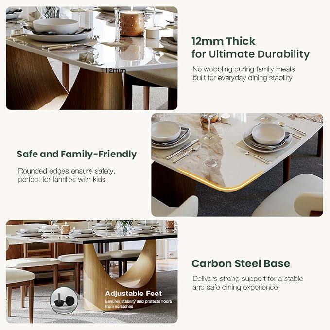 POVISON 63" Hobart Dining Table for 4, Rectangular Dining Table, Glossy Pandora Sintered Stone Tabletop with Bronze Carbon Steel Base for Dining Room (Table Only)