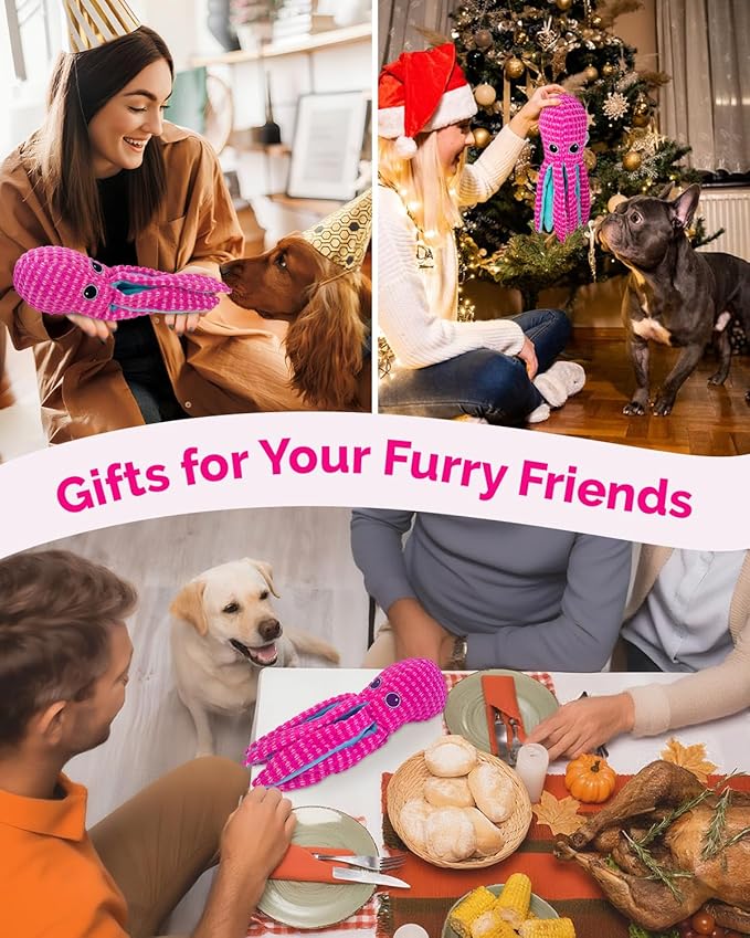 Squeaky Dog Toys for Large Dogs - Durable Dog Toys for Aggressive Chewers to Keep Them Busy - Interactive Plush Chew Toy with Squeaker & Crinkle Paper for Training Reward & Gift - Pink