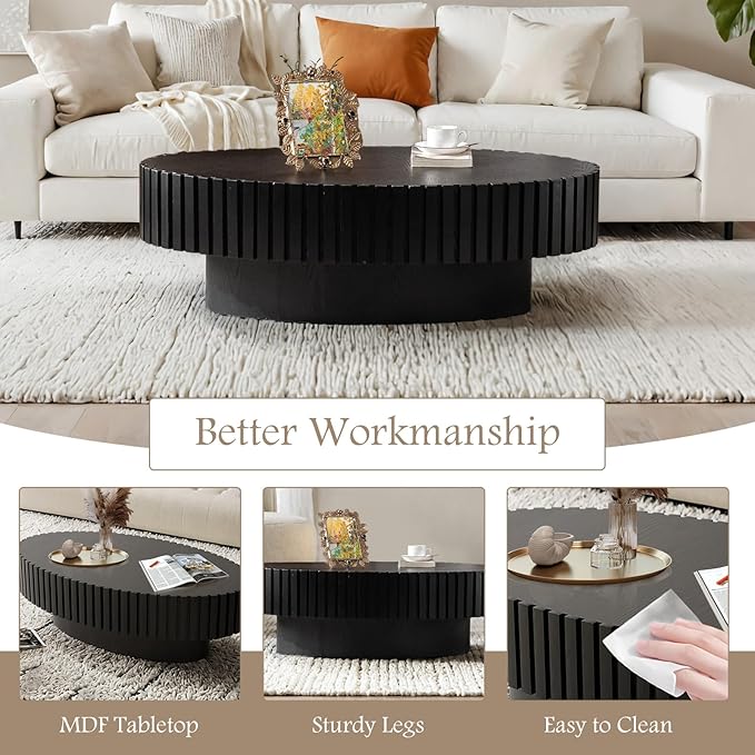 Fluted Coffee Table 43.3" Oval Wood Coffee Tables Modern Handcraft Drum Coffee Table with Solid Wood Relief Sturdy Pedestal Accent Table for Living Room Home Office,Black